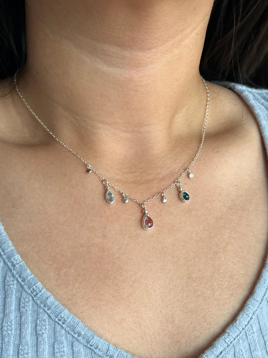 Charm Necklace 16”, Tourmaline & Aquamarine
