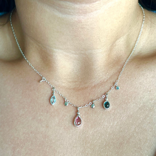 Charm Necklace 16”, Tourmaline & Aquamarine