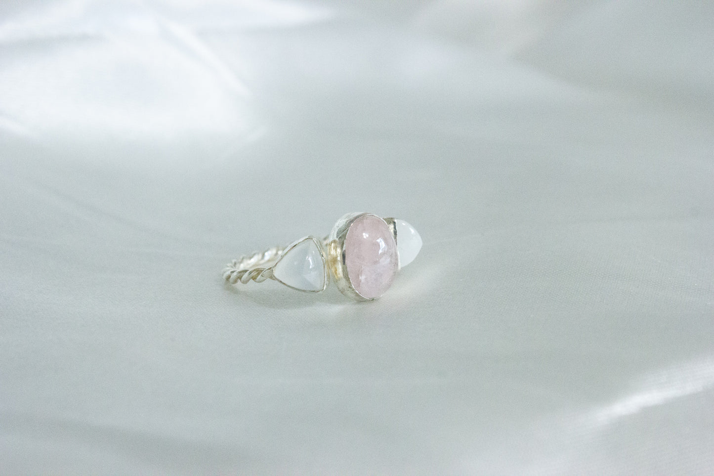 Twisted Three-Stone Ring- Morganite & Moonstone