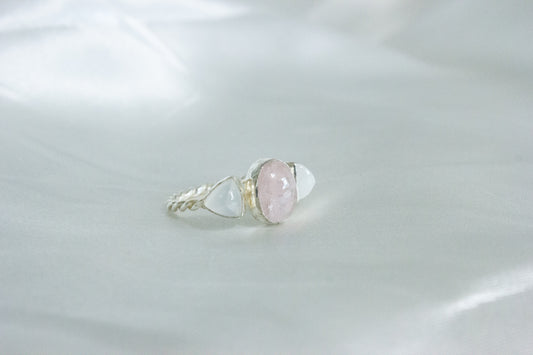 Twisted Three-Stone Ring- Morganite & Moonstone