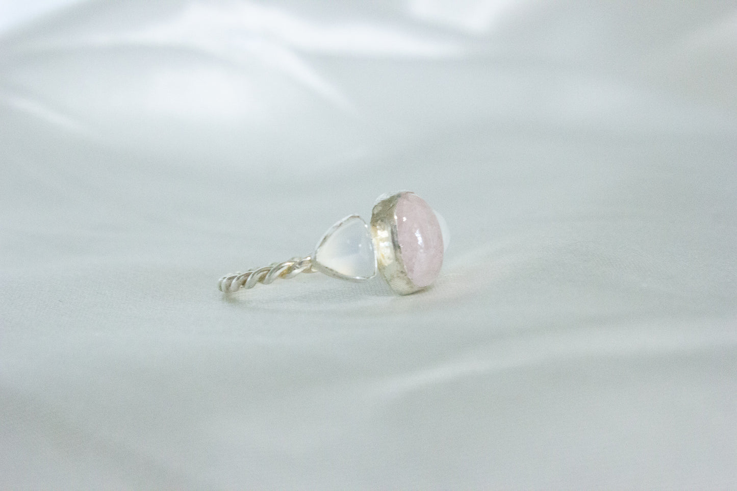 Twisted Three-Stone Ring- Morganite & Moonstone