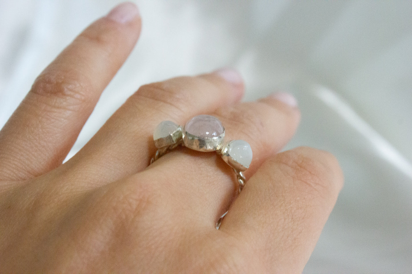 Twisted Three-Stone Ring- Morganite & Moonstone