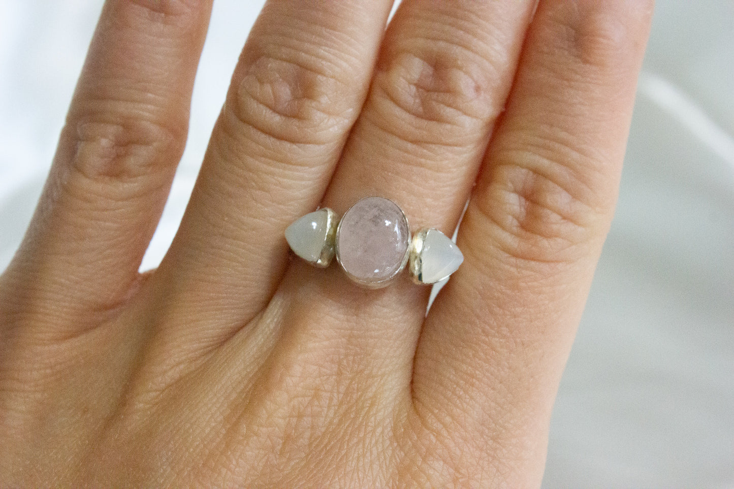 Twisted Three-Stone Ring- Morganite & Moonstone