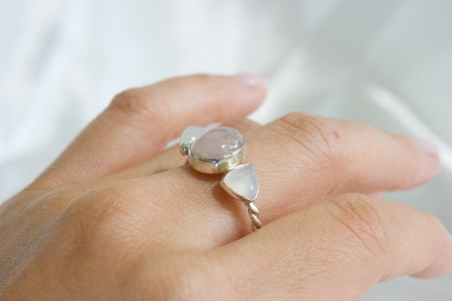 Twisted Three-Stone Ring- Morganite & Moonstone